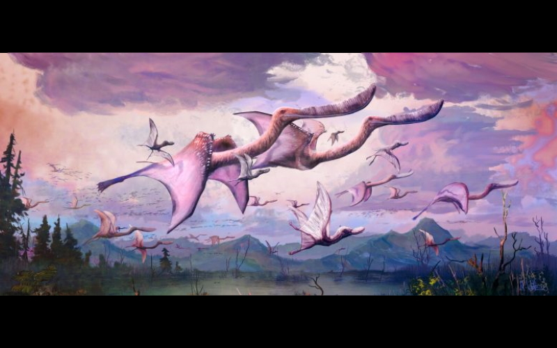 Впечатление художника от стаи взрослых и только что вылупившихся птерозавров, похожих на фламинго, Pterodaustro guinazui, обитавших в Аргентине.