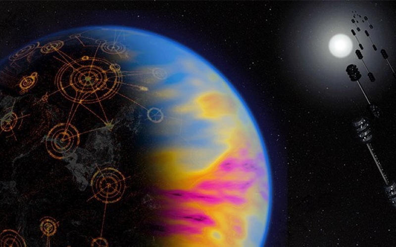 Художественная иллюстрация технологически продвинутой экзопланеты с преувеличенными цветами.