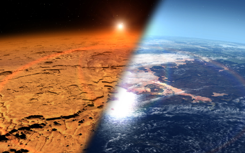Концептуальный снимок, сравнивающий современный Марс с его влажным прошлым.