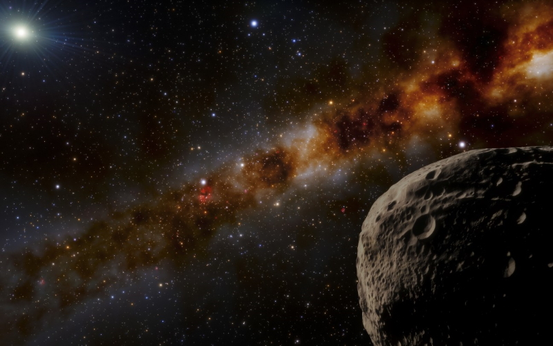 Изображение художником объекта Farfarout (внизу слева), нового рекордсмена как самого далекого известного объекта в Солнечной системе.