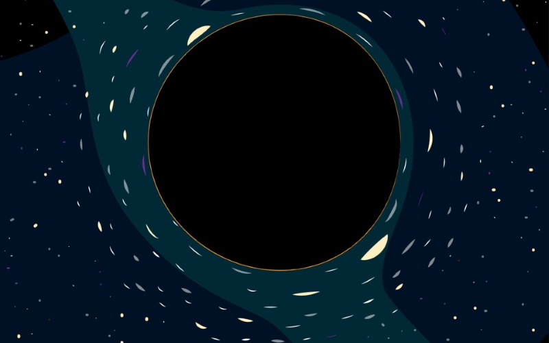 Представление художника о черной дыре, создающей эффект гравитационного линзирования звезд на заднем плане.
