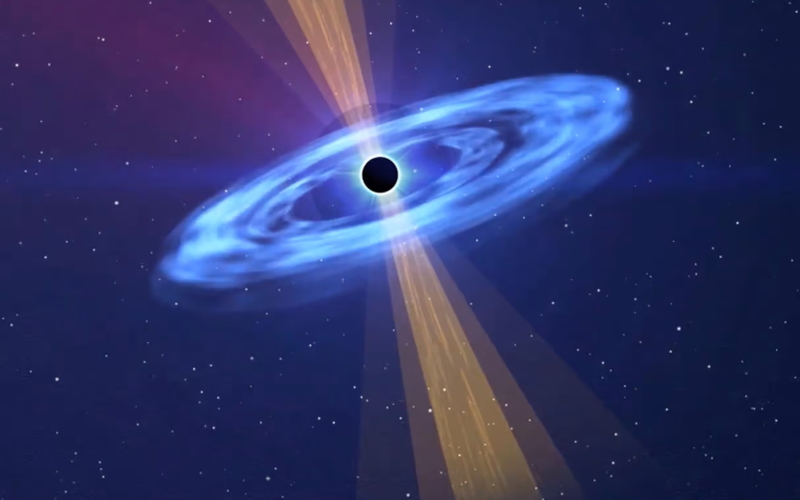 Художественное представление о черной дыре, производящей струи, которые, как полагают, ответственны за чрезвычайно яркую вспышку света, обнаруженную астрономами.