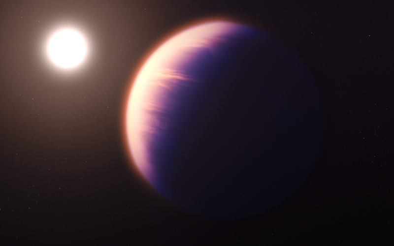 Впечатление художника от WASP-39b, экзопланеты газового гиганта, где Джеймс Уэбб обнаружил атмосферный углекислый газ.