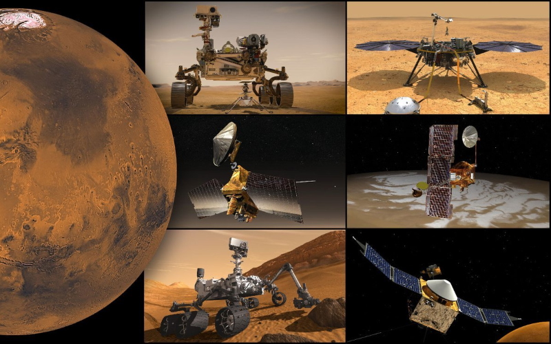 Марсианский флот НАСА находится на низком уровне с Солнцем между Землей и Красной планетой.