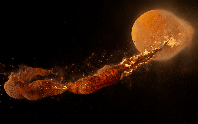 Моделирование образования Луны, после массивного столкновения древней Земли с гипотетической планетой Тейя.