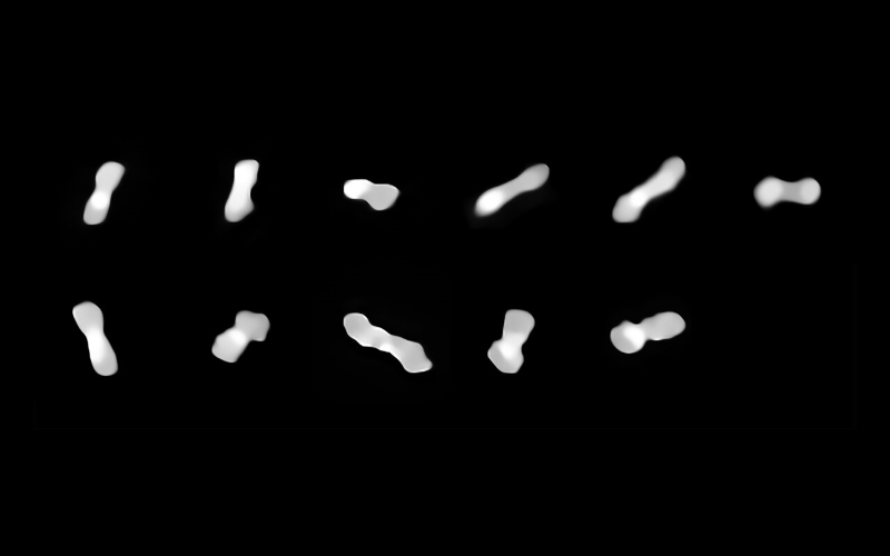 На этих одиннадцати изображениях астероид Клеопатра виден под разными углами во время его вращения. Изображения были сделаны в разное время в период с 2017 по 2019 год с помощью инструмента - Спектро-Поляриметрическое высоко-контрастное исследование экзопланет (англ. Spectro-Polarimetric High-Contrast Exoplanet Research).