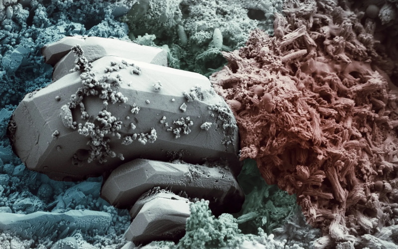 Цветное изображение самовосстанавливающегося бетона BioFiber в работе, сделанное сканирующим электронным микроскопом.