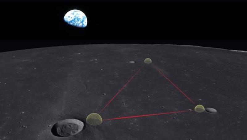 Впечатление художника от Гравитационно-волновой лунной обсерватории для космологии (GLOC), которая может быть построена на Луне.