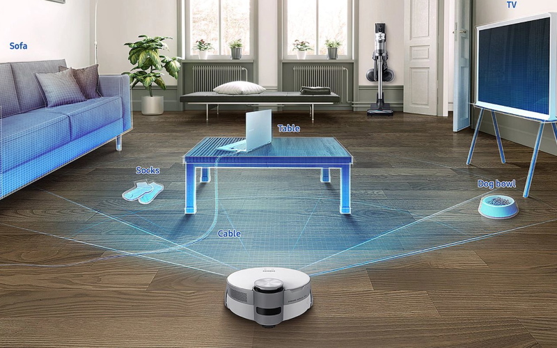 Jet Bot AI + отображает комнаты с помощью технологии LiDAR и использует комбинацию 3D-камеры глубины и Intel AI для обнаружения и распознавания объектов.