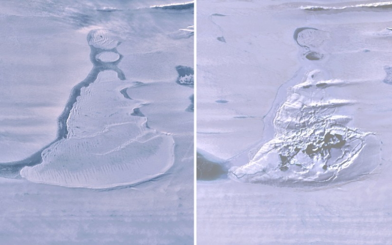 На снимках со спутника Landsat 8 показано ледяное озеро в Антарктике до (слева) и после истекания.