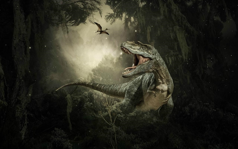 Представление художника о динозаврах встревоженных катастрофическим ударом, произошедшим 66 миллионов лет назад.