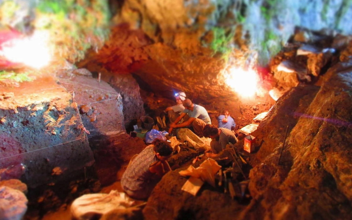 Обзорный вид раскопок в пещере Сацурблия в западной Грузии в 2017 году, где международная группа ученых извлекла и проанализировала ДНК человека, волков и бизонов из образца отложений возрастом 25000 лет из верхнего палеолита.