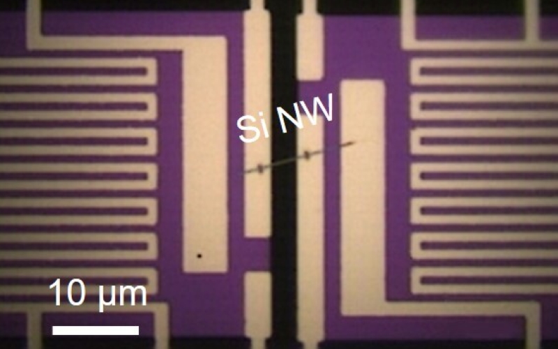 Нанопроволока из кремния-28 соединяет две контактные площадки микронагревателя в тесте на способность материала проводить тепло.
