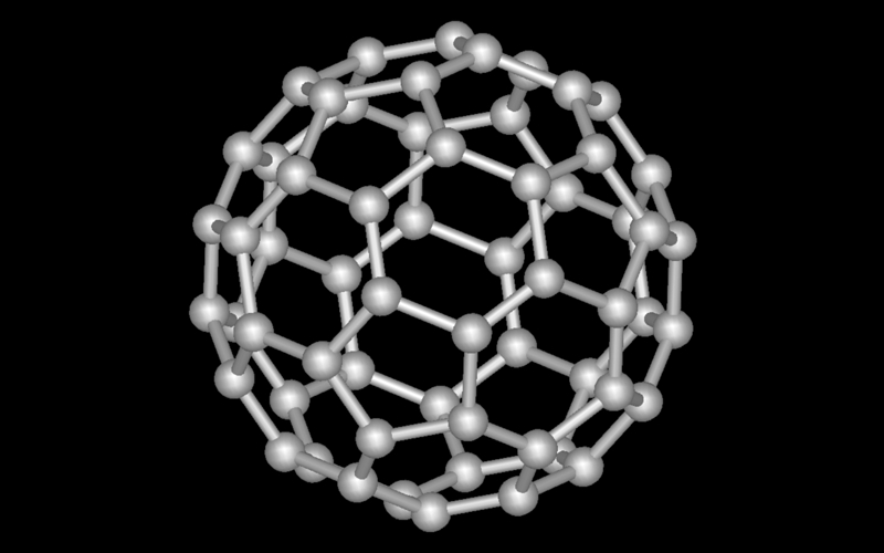 Молекулярная модель бакибола, который исследователи раздавили, превратив в новое сверхтвердое алмазное стекло.
