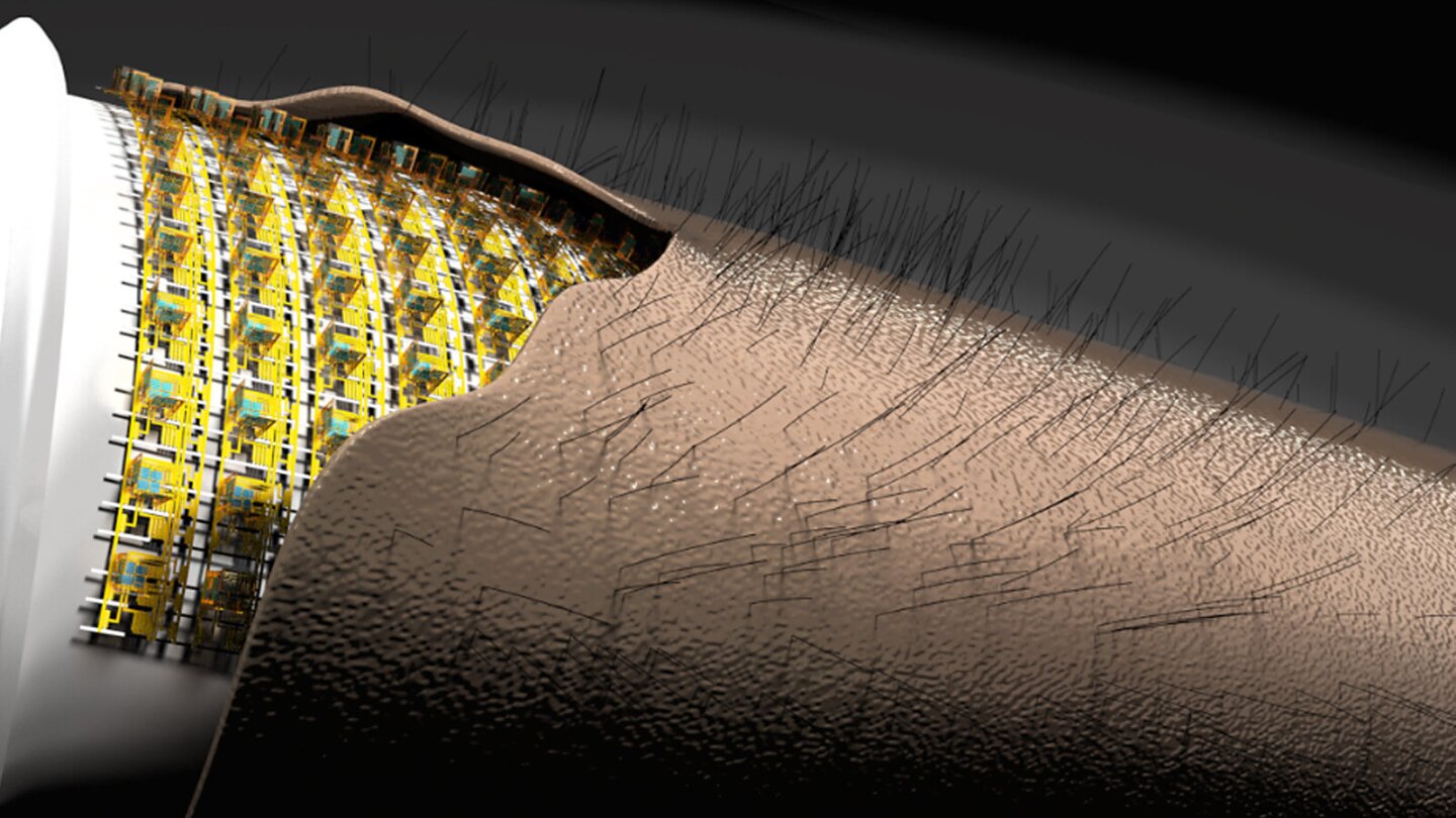 Художественная иллюстрация новой электронной кожи с магнитными волосками, которые помогают ей точнее чувствовать прикосновение.