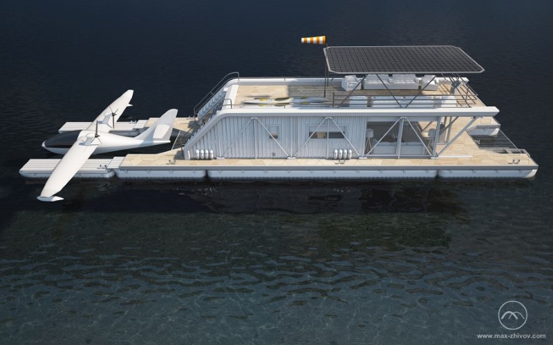 Российский дизайнер и архитектор Макс Живов представил концепцию HydroPlaneHouse («гидродома»), которая объединяет в себе плавучий дом, пристань для лодок, гараж и водную парковку для гидроплана.