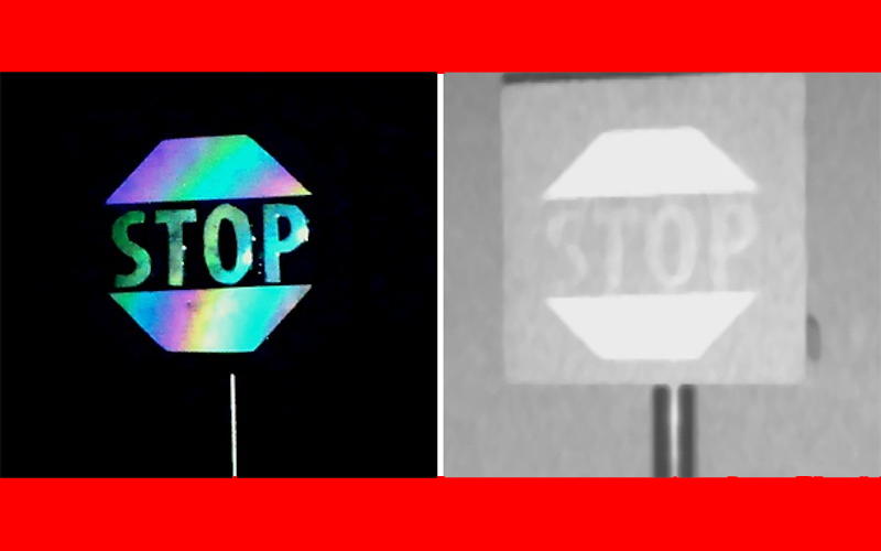 Слева: изображение знака «Стоп» в видимом свете, покрытого новым материалом MCI. Справа: изображение того же знака, полученное лидаром.