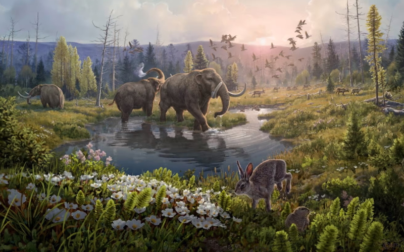 Представление художника об экосистеме, существовавшей в Гренландии 2 миллиона лет назад, на основе древнейших в мире образцов ДНК.